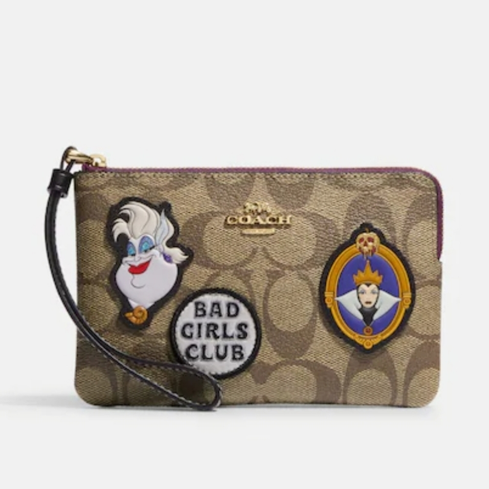 Disney X Coach Corner Zip Wristlet In Signature Canvas With Patches CC470